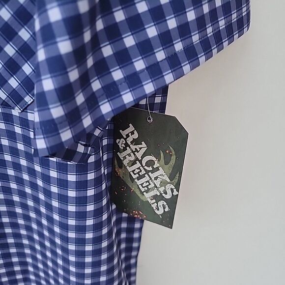 RACKS & REELS Button Up Shirt UPF 50 LENS CLOTH Men Sz M Blue Plaid Shrt Sleeve - Picture 4 of 7